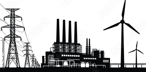 Black vector silhouette of an industrial power plant with smoking chimneys high voltage electric towers and wind turbines for sustainable energy and infrastructure branding