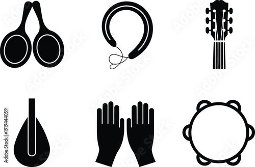 Six black silhouette icons of musical instruments and hands Keywords: silhouette, icon, maracas