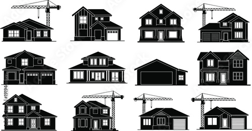 Black vector silhouette set of modern residential houses and suburban homes under construction with industrial cranes for real estate and architecture branding