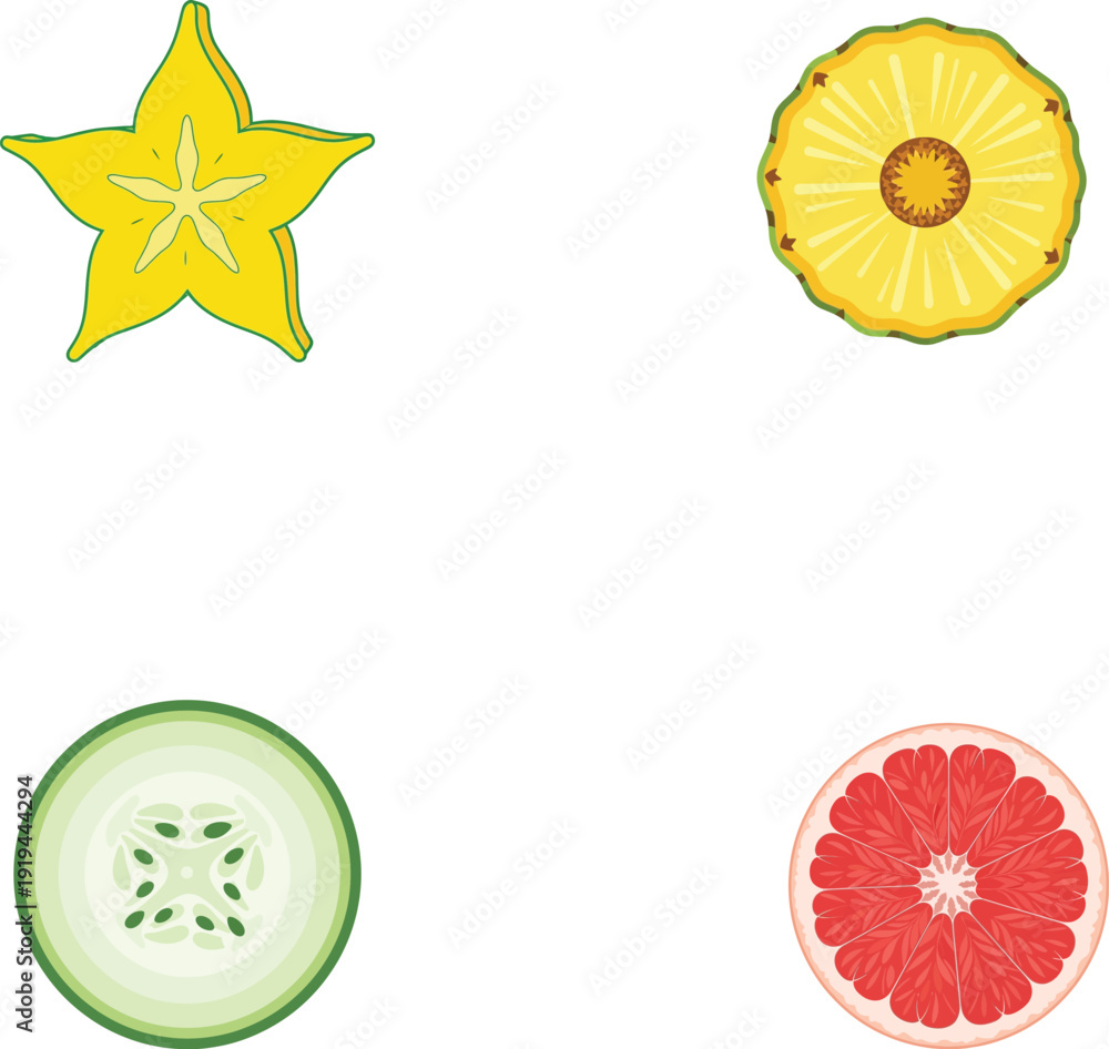 Obraz premium Four slices of fresh fruit on white background