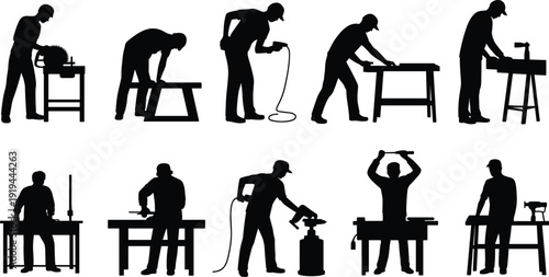 Carpenter silhouette set working with tools and wood on white background, woodworking workshop concept, construction labor, handyman job, industrial craft and repair illustration