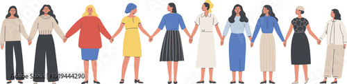 Diverse women holding hands in a line cartoon