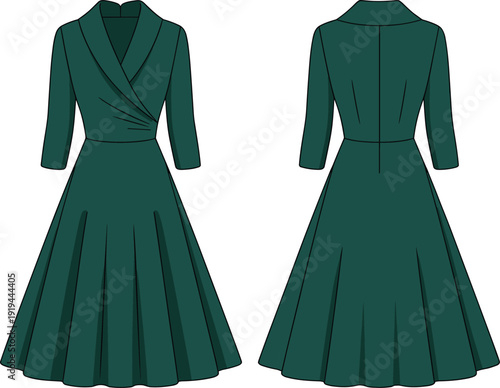 Elegant pleated wrap dress technical sketch, V-neck design with flared skirt, 3/4 sleeves, fashion CAD drawing front and back