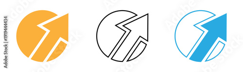 Three lightning bolt logos in orange black and blue