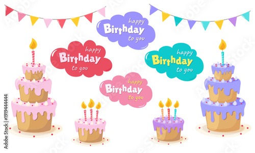 Holiday set. Cakes with candles and garlands. Cloud with a greeting. In a flat style.