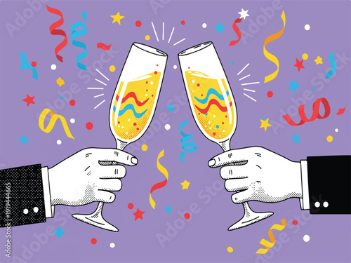 Two hands holding champagne glasses with colorful confetti and ribbons on purple background celebrating party toast
