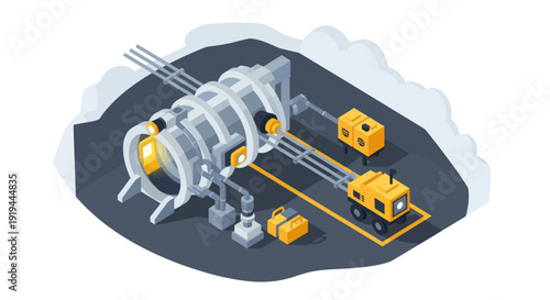 Isometric illustration of industrial machinery and equipment on a production site.