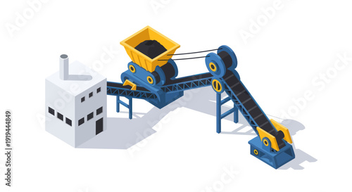 Industrial conveyor belt system with hopper and processing facility.