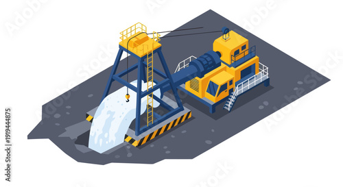Isometric illustration of mining equipment on a construction site.