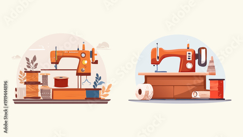 Retro and modern sewing machines with spools of thread and fabric rolls illustration