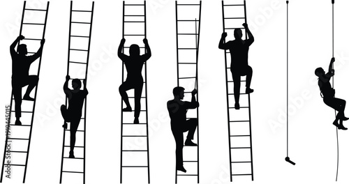Silhouette men climbing ladders and rope on white background, career growth and leadership concept, teamwork challenge, success motivation, business strategy and progress illustration