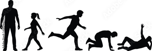 Silhouette people action sequence showing standing, walking, running, stumbling and falling on white background, motion concept, sport movement, dynamic human pose illustration