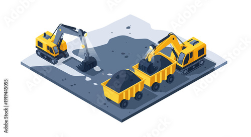 Isometric illustration of heavy machinery in mining operation.