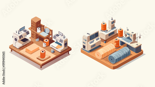 Detailed isometric vector illustration showcasing a modern textile factory workshop with sewing machines, fabric rolls, and thread spools for apparel manufacturing