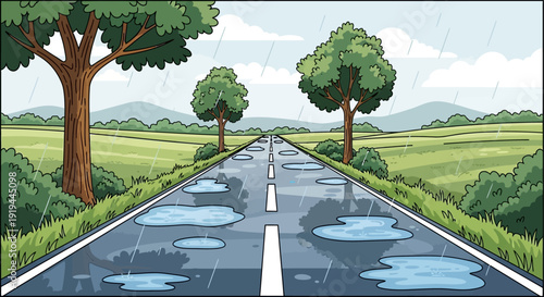 Rainy day scene with a wet road stretching towards distant mountains and trees