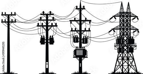 Black vector silhouette set of diverse electricity transmission towers utility poles and high voltage power lines for energy infrastructure electrical engineering and industrial branding