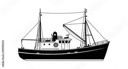 Simple black and white illustration of a fishing vessel at sea