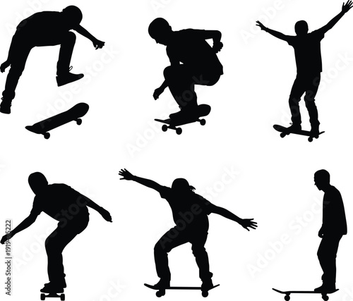 Black silhouettes of young skateboarders performing jumps tricks and urban skating maneuvers in various active poses isolated on white background for extreme sports design