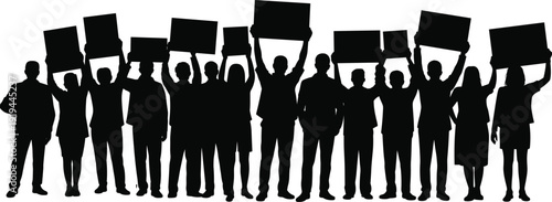 Silhouette protest crowd holding blank signs on white background, demonstration and activism concept, political rally, social justice movement, strike march and human rights illustration