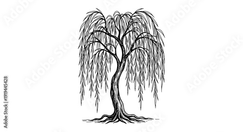 Detailed ink sketch of a weeping willow tree with cascading branches
