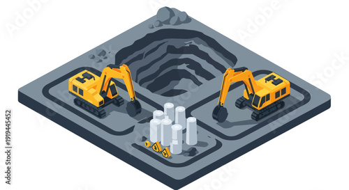 Isometric illustration of construction site with excavators and building materials.