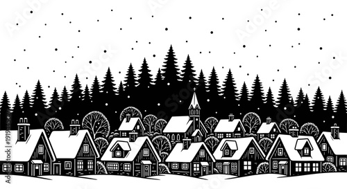 Winter village scene with silhouetted buildings and snow covered evergreen trees