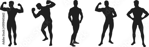 Large collection of black silhouettes featuring muscular male bodybuilders performing various competitive posing routines and flexing muscles isolated on a black background for design