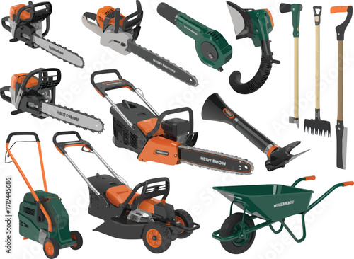 Collection of gardening and landscaping tools vector isolated on transparent bg