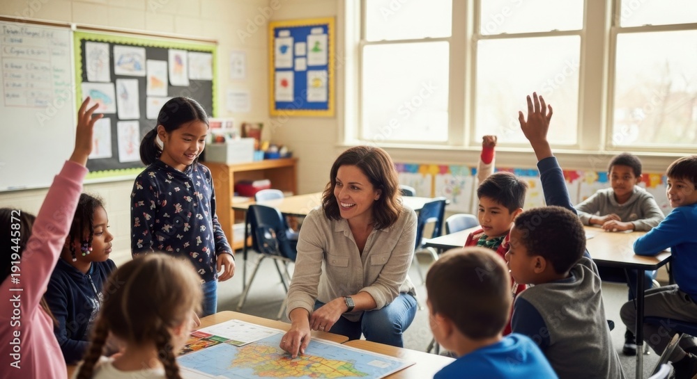Obraz premium Young Teacher Pointing at Map with Diverse Students in Classroom