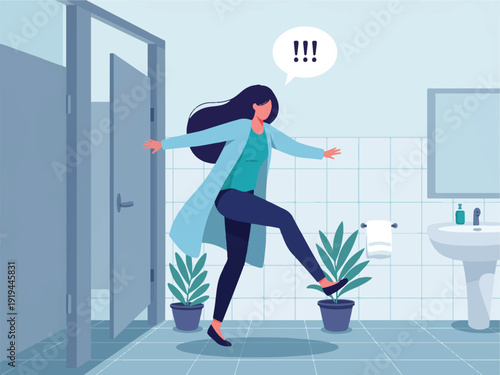 Woman in bathroom with shocked expression entering room with plants and sink