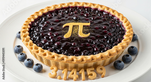Blueberry pie with pi symbol and numerical representation on plate  