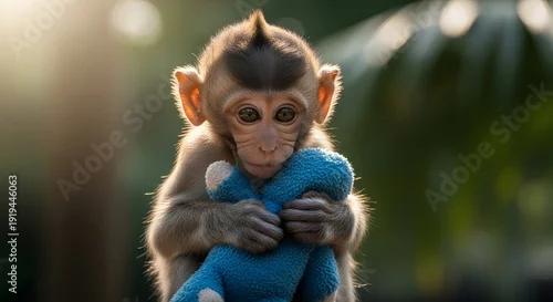 Obraz Young monkey holding blue teddy bear with warm sunlight, adorable infant primate portrait