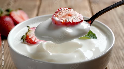 Close up of yogurt with strawberries and mint on a rustic wooden table