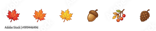 Autumn Nature Elements Flat Vector Icon Set: Maple Leaves, Acorn, Rowan Berries, and Pinecone