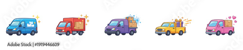 Colorful Delivery Vans and Cargo Trucks Flat Vector Icon Set