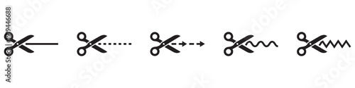 Scissors cut lines black symbols set. Isolated scissor cutting paper with dotted line icons on white background. Coupon sales signs, packaging label concept. Vector illustration. EPS 10