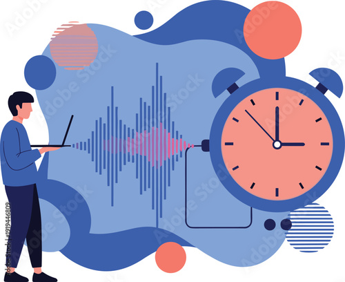 Man with laptop next to large blue and pink alarm clock with sound wave