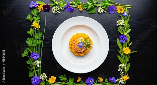 Elegant gourmet dessert plated with edible flowers and artistic presentation on dark background for fine dining concept