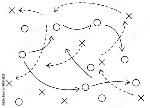 Hand draw strategy game plan for football, basketball, handball, sketched black marker, isolated on white, clipping path, design elements. Sketch style illustration of arrows with X and O symbols.