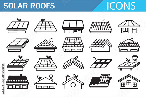 Green Energy Solar Panel Icons – House Roof Line Illustration Set