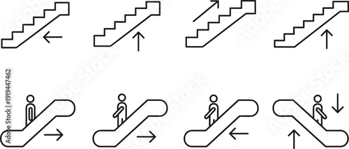 Escalator and staircase icons, upward and downward arrows, people riding escalators, direction symbols, transportation signs, modern line art illustrations, vector set