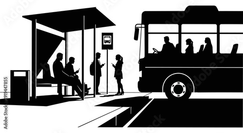 A black and white illustration depicts a public bus stop with waiting passengers