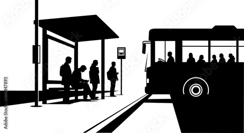 Black and white illustration of people waiting at a bus stop with an arriving bus