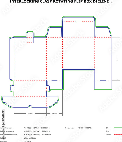 A technical drawing of an interlocking clasp rotating flip box dieline