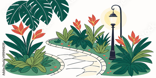 A serene garden scene with blooming flowers and a charming lantern.