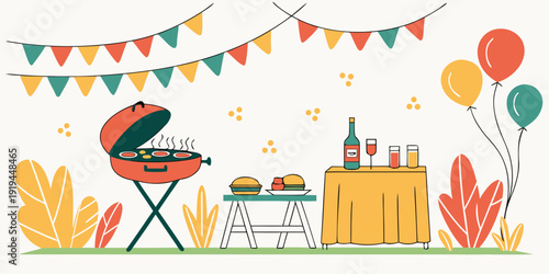 A vibrant outdoor celebration with balloons, streamers, and a cozy seating area