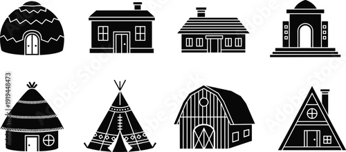 Silhouette icons of diverse houses, igloo, cabin, tipi, barn, hut, dome, A‑frame, traditional and modern dwellings illustration