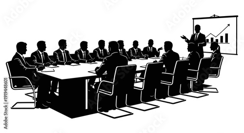 A black and white illustration depicting a business meeting with a presenter