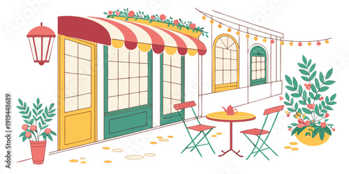 A charming street view of a row of colorful shops with awnings and outdoor seating