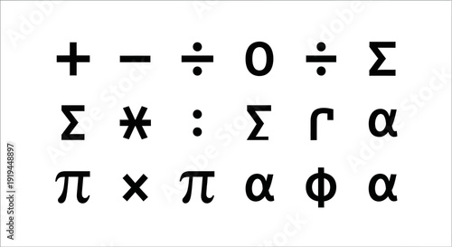 Mathematical symbols and greek letters arranged in a grid on a white background